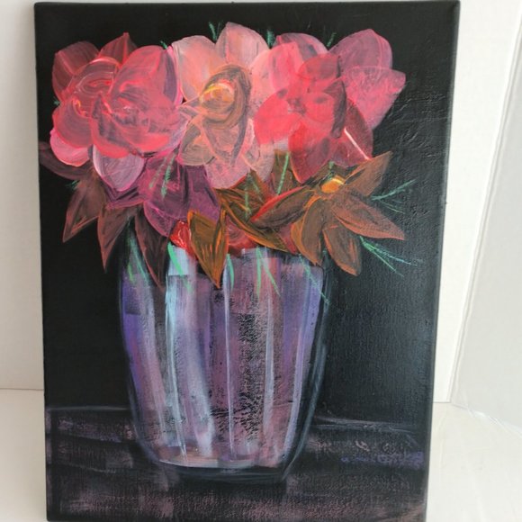 Handmade Painting Of A Vase Full Of Flowers Abstract Original Art 16x12 Canvas - Picture 8 of 16